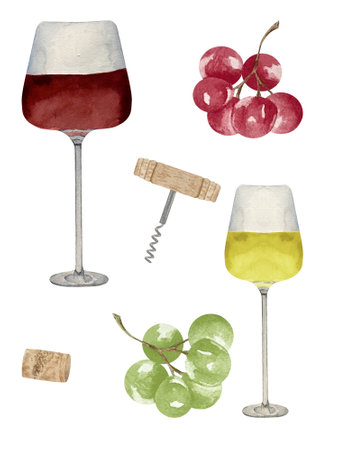 Watercolor illustration of high glasses of red and white wine isolated on whiteの写真素材