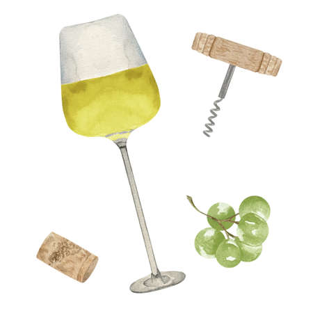 Watercolor illustration of high glass of white wine with grapes isolated on whiteの写真素材