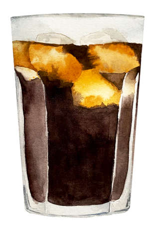 Watercolor Cola glass with ice cubes illustrationの写真素材