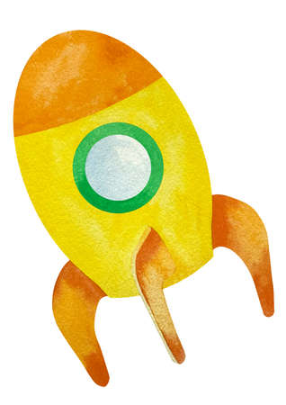Watercolor spaceship and UFO in cartoon style. Rocket and spacecraft, futuristic transportation, collection ship for kidsの写真素材
