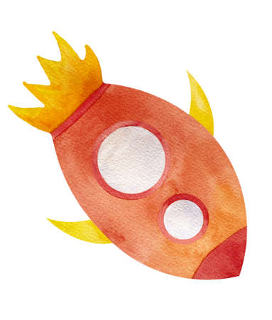 Watercolor spaceship and UFO in cartoon style. Rocket and spacecraft, futuristic transportation,...