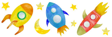 Watercolor spaceship and UFO in cartoon style. Rocket and spacecraft, futuristic transportation, collection ship for kidsの写真素材