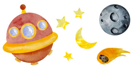 Watercolor spaceship and UFO in cartoon style. Rocket and spacecraft, futuristic transportation,...