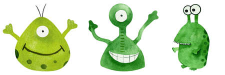 Watercolor illustration of cute cartoon green alien ufo character with antennaeの写真素材
