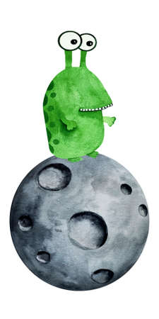 Watercolor illustration of cute cartoon green alien ufo on the top of the Moon