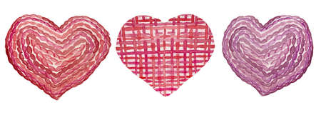 Watercolor set of three red and purple embroidered heartsの写真素材