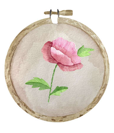 Watercolor embroidered red flower with green leaves on the wooden embroidery frame canvasの写真素材