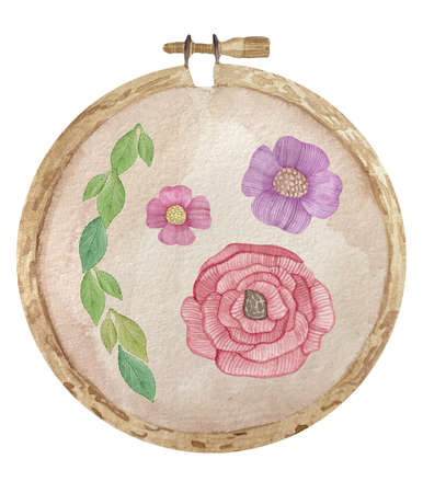 Watercolor embroidered red purple flowers and green leaves on the wooden embroidery frame canvasの写真素材