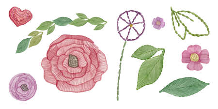 Watercolor set of embroidered red and purple flowers, green leaves and heartsの写真素材
