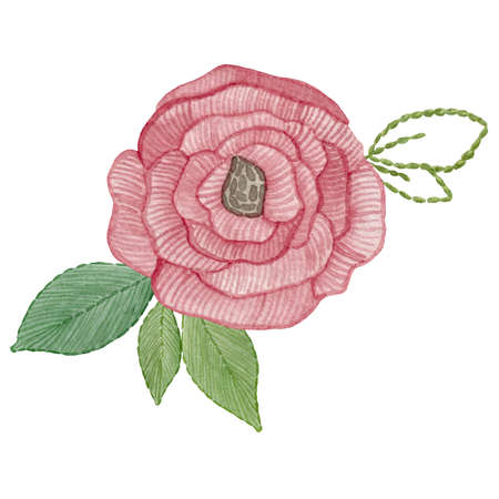 Watercolor embroidered red flower with green leaves on white background.の写真素材