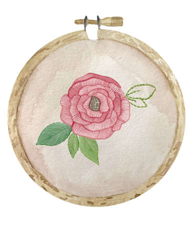 Watercolor embroidered pink rose with green leaves on the wooden embroidery frame canvasの写真素材