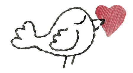 Watercolor illustration of black embroidered bird illustration with red heart in its beakの写真素材