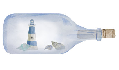 Watercolor illustrations of nautical bottle with lighthouse and seashells inside. Decorative marine souvenir bottles illustrationsの写真素材