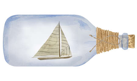 Watercolor illustrations of nautical bottle with ship inside. Decorative marine souvenir bottles boat illustrationsの写真素材