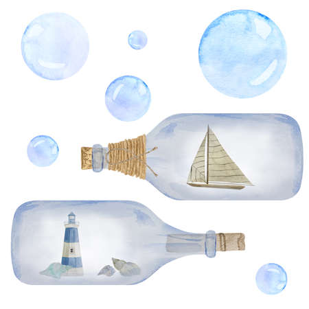 Watercolor illustrations of nautical bottle with ship inside. Decorative marine souvenir bottles with lighthouse and seashellsの写真素材