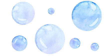 Watercolor illustration of light blue water and soap bubbles Round shapes bubblesの写真素材