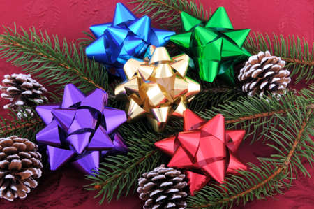 Christmas bows laid on a evergreen branch with frosted pine cones.の写真素材
