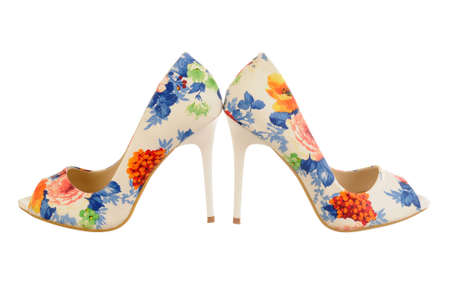 Flower-print high heel women shoes isolated on white.の写真素材