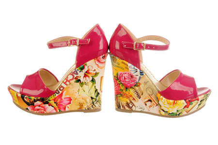 Flower-print high heel women shoes isolated on white.の写真素材