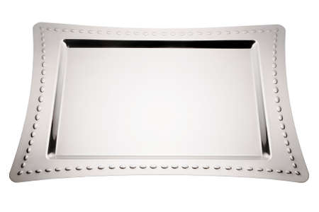 Stainless tray on white background. Empty serving tray.の写真素材