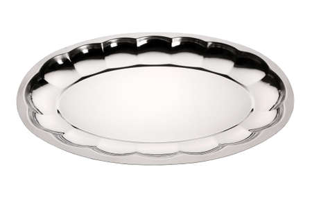 Stainless tray on white background. Empty serving tray. Silver tray with floral ornamentの写真素材