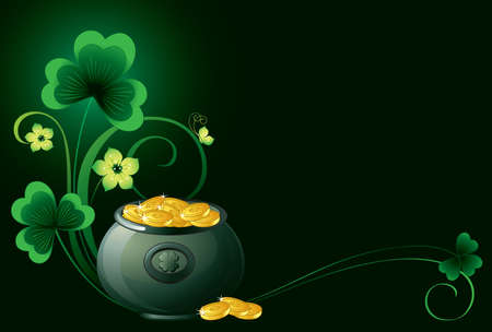 Patrick background with pot, coins and shamrock のイラスト素材