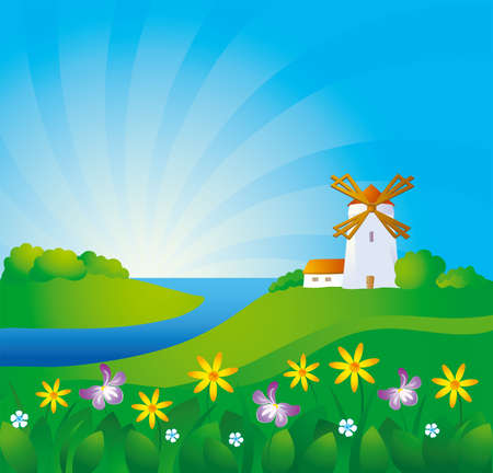Rural background with windmill のイラスト素材