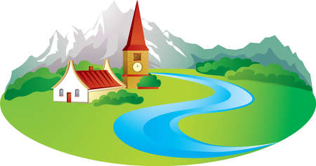 Rural background with farm in the mountainのイラスト素材