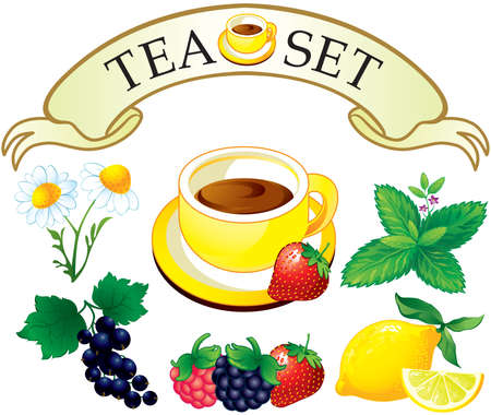 Tea set with cup of tea and aromatic plantsのイラスト素材