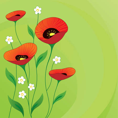 Retro summer card with Poppies on a green backgroundのイラスト素材