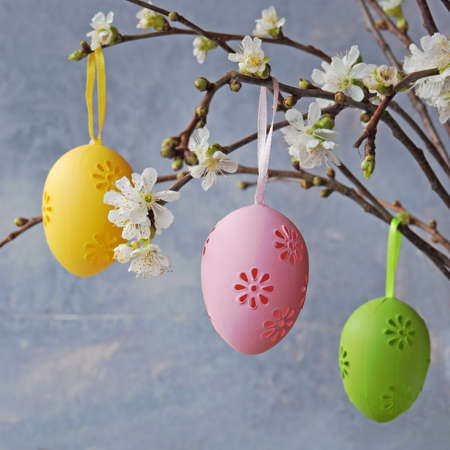 Easter colorful eggs hanging at a blooming branchの写真素材
