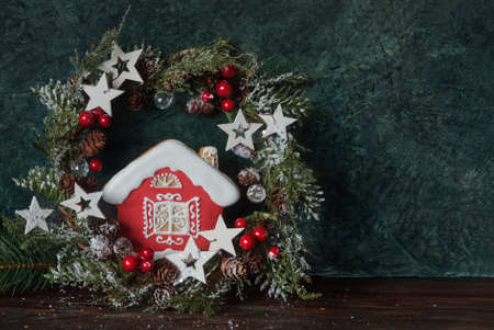 Christmas glazed gingerbread and festive decor, place for textの写真素材