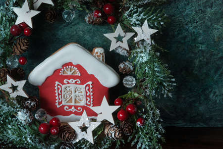 Christmas cookies house and festive decorの写真素材