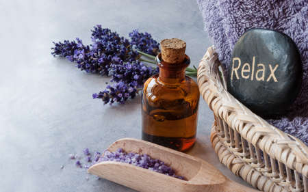SPA, essential oil with lavender flowers - health and beauty, stone spaの写真素材