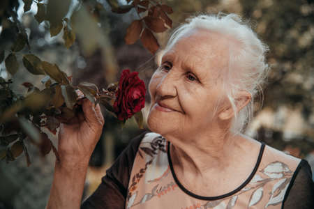 Portrait of the smiling elderly woman with flowers, mother day