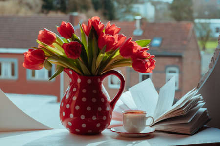 Red tulips and cup of coffee with open book on the windowsill. Spring mood