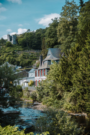 Monschau GERMANY- 7 Jul 2018; a small resort town in the Eifel region of western Germany. View to Castle Monschauのeditorial素材