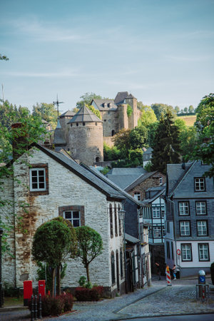 Monschau GERMANY- 7 Jul 2018; a small resort town in the Eifel region of western Germany. View to Castle Monschauのeditorial素材