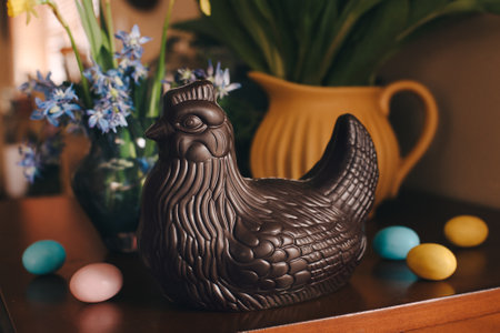 Easter chocolate chicken with Easter eggs. Home easter decor with spring flowers