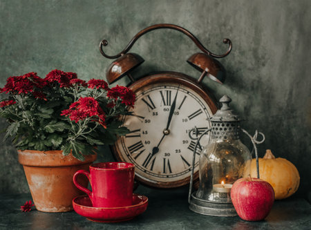 Beautiful flowers and cup of coffee, autumn decor with apples, candle and alarm clockの写真素材