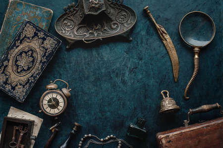Antique mockup background with old desktop vintage items. flat lay top view composition with place for textの写真素材