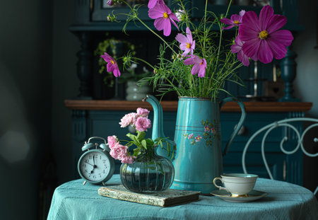 Summer flowers in vintage glass vase on table. Old style interior. Bouquet of pink roses and cosmea flowers in vintage pot, cup of coffee on the tableの写真素材