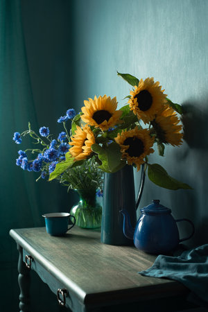 Beautiful sunflowers in the vase on the table, autumn decor at homeの写真素材
