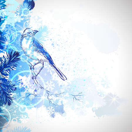 winter composition with hand drawn bird のイラスト素材