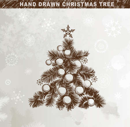 Hand drawn Christmas tree with balls, stars のイラスト素材