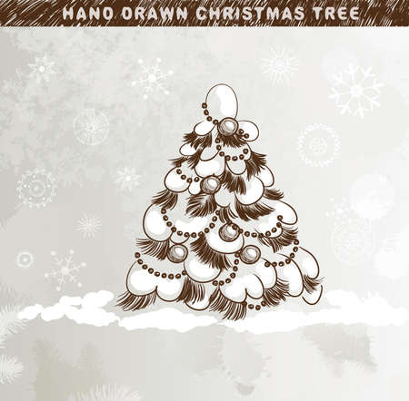 Hand drawn Christmas tree with balls under the snowdrift のイラスト素材