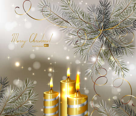 light Christmas background with burning candles and fir-tree のイラスト素材