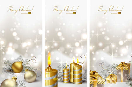 set of three Christmas greeting-cards with burning candles and Christmas gifts のイラスト素材