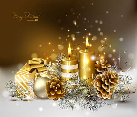 Christmas background with burning candles and Christmas bauble のイラスト素材