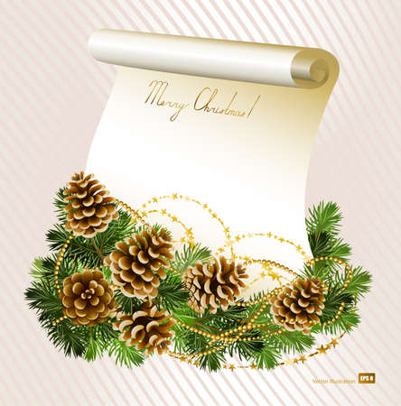 light Christmas background with vitality cones , fir tree and paper のイラスト素材
